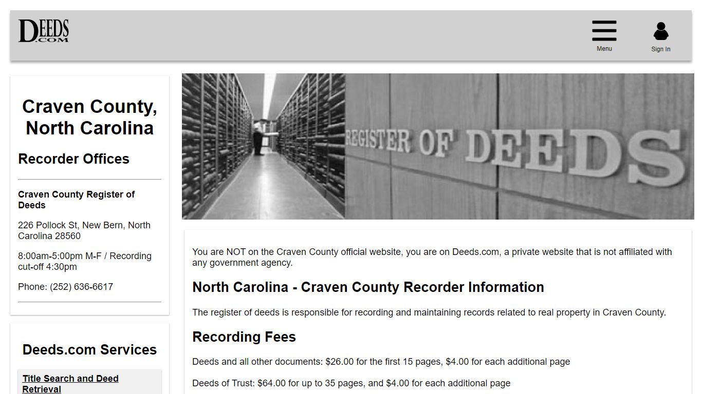 Craven County Recorder Information North Carolina - Deeds.com